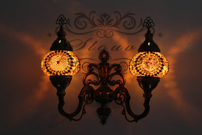 Turkish Mosaic Double Wall Sconce, With Medium Globes, Upward - TurkishLights.NET