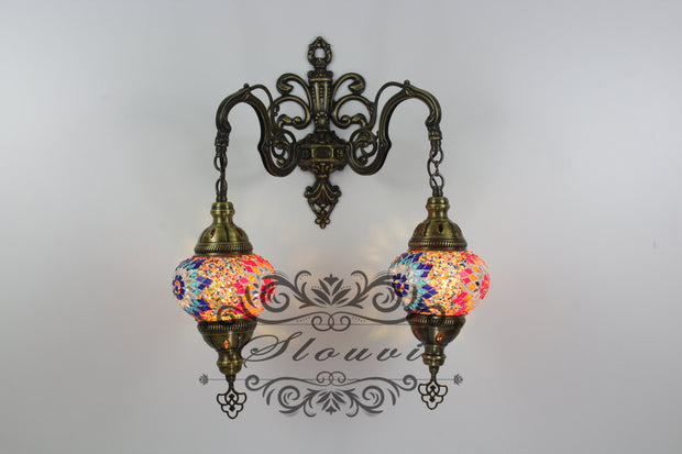 Turkish Mosaic Double Wall Sconce, With Medium Globes - TurkishLights.NET