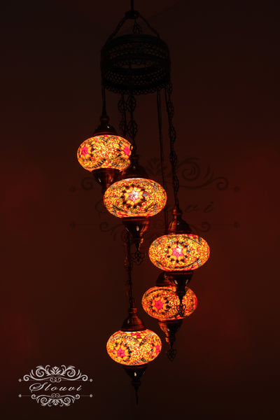 5 BALL TURKISH MOSAIC CHANDELIER, WITH LARGE GLOBES - TurkishLights.NET