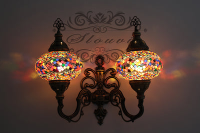 Turkish Mosaic Double Wall Sconce, With Large Globes, Upward - TurkishLights.NET