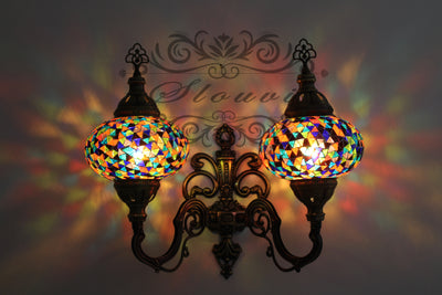 Turkish Mosaic Double Wall Sconce, With Large Globes, Upward - TurkishLights.NET