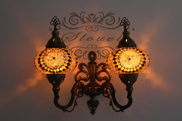 Turkish Mosaic Double Wall Sconce, With Large Globes, Upward - TurkishLights.NET