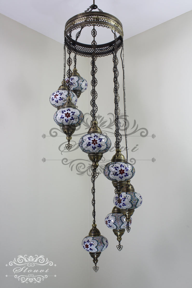 TURKISH MOSAIC LAMP, Water Drop Style CHANDELIER IN 8 LARGE GLOBES - TurkishLights.NET