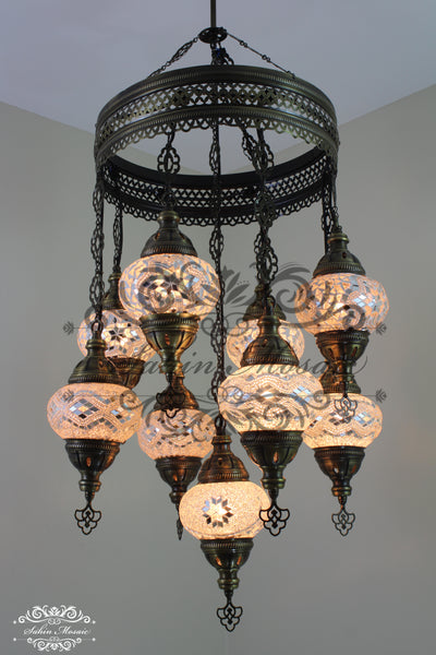 9-BALL TURKISH SULTAN MOSAIC CHANDELIER WITH NO2 (MEDIUM) GLOBES - TurkishLights.NET