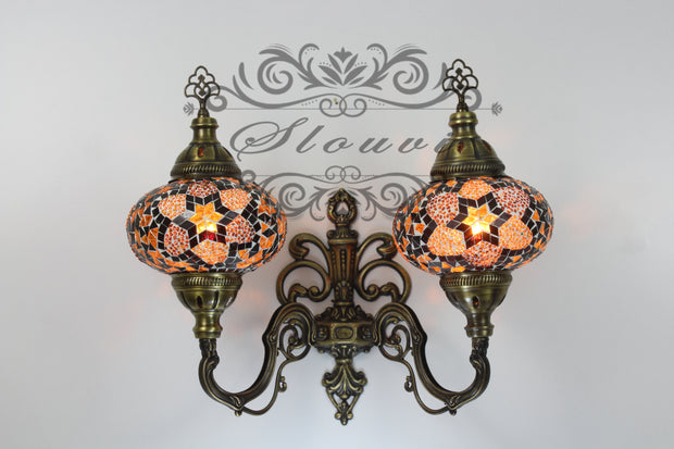 Turkish Mosaic Double Wall Sconce, With Large Globes, Upward - TurkishLights.NET