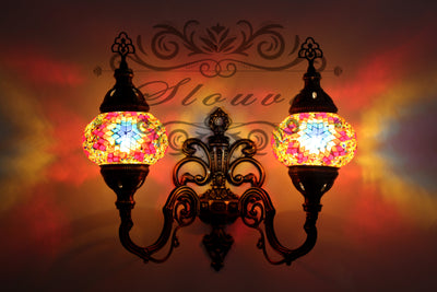 Turkish Mosaic Double Wall Sconce, With Medium Globes, Upward - TurkishLights.NET