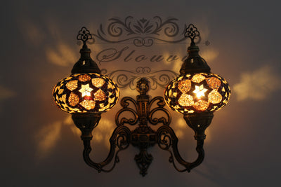 Turkish Mosaic Double Wall Sconce, With Large Globes, Upward - TurkishLights.NET