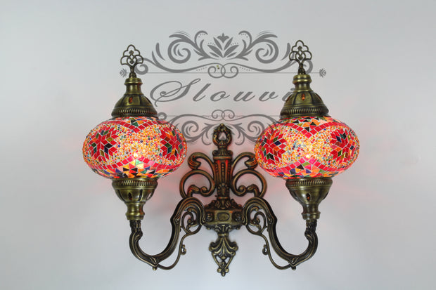 Turkish Mosaic Double Wall Sconce, With Large Globes, Upward - TurkishLights.NET