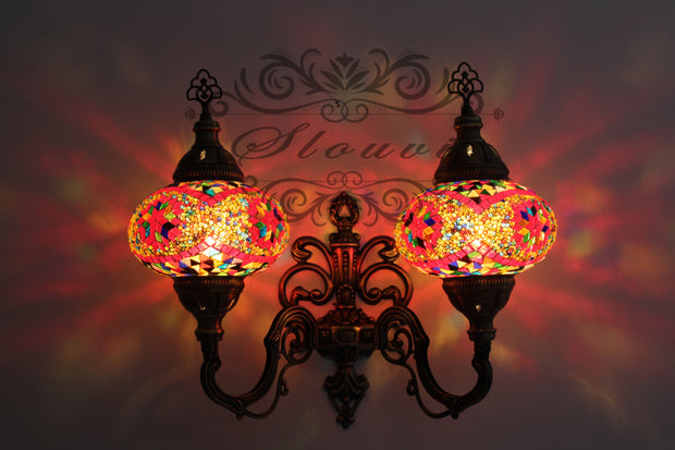 Turkish Mosaic Double Wall Sconce, With Large Globes, Upward - TurkishLights.NET