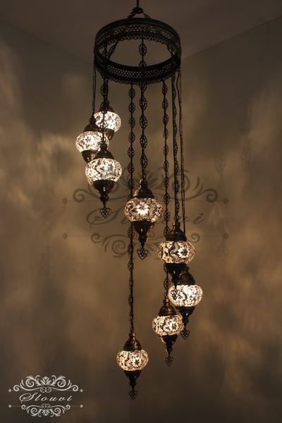 TURKISH MOSAIC LAMP, Water Drop Style CHANDELIER IN 8 GLOBES - TurkishLights.NET