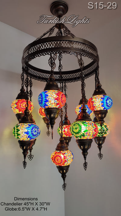 15-BALL TURKISH SULTAN MOSAIC CHANDELIER, MEDİUM GLOBES ID: S15-29