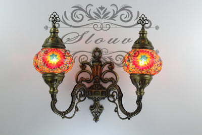 Turkish Mosaic Double Wall Sconce, With Medium Globes, Upward - TurkishLights.NET