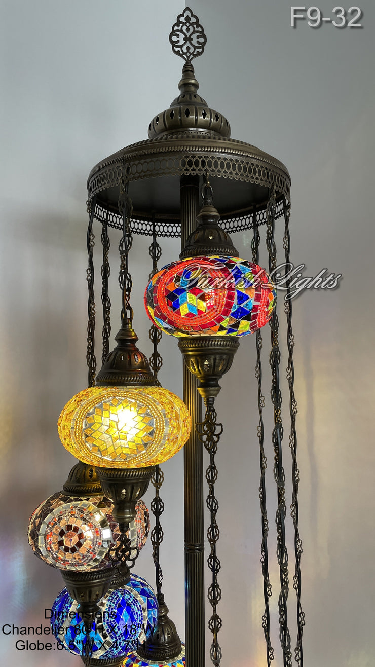 9 BALL TURKISH MOSAIC FLOOR LAMP WITH LARGE GLOBES ID: F9-32