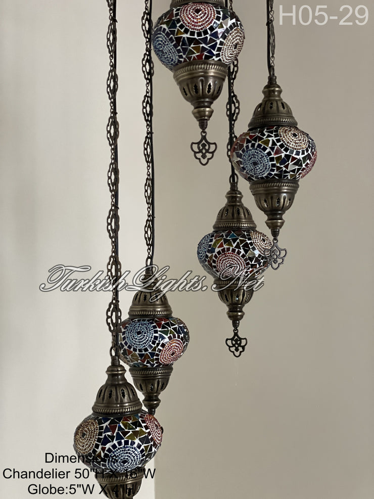 5 (M) BALL TURKISH WATER DROP MOSAIC CHANDELIER WİTH MEDIUM GLOBES H05-29