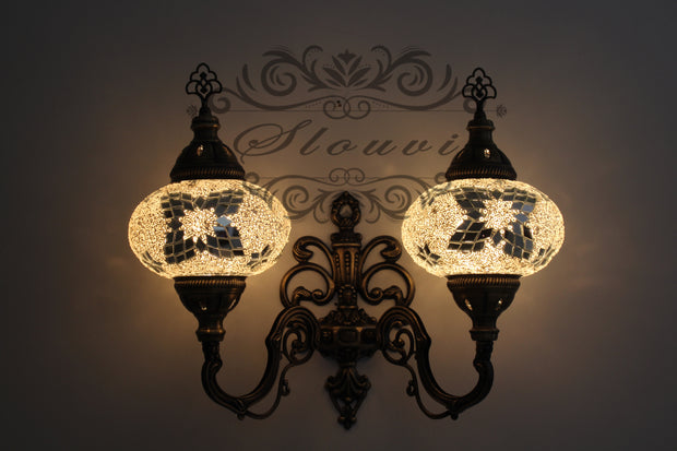 Turkish Mosaic Double Wall Sconce, With Large Globes, Upward - TurkishLights.NET