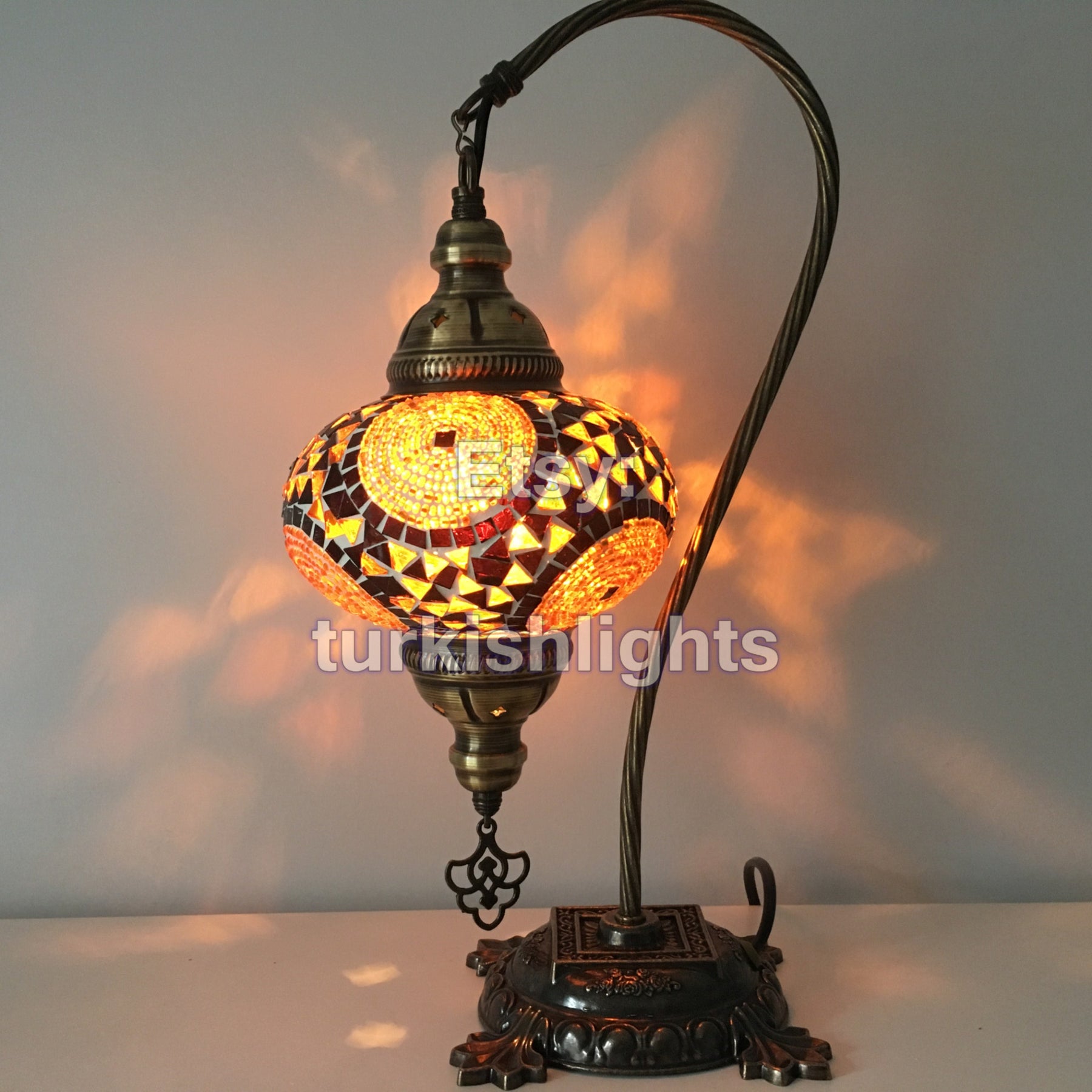 Swan Neck Mosaic Table Lamp, Red-Yellow, Model 1 (Large) - Mosaic Lamps:  Turkish Mosaic and Moroccan Lamp