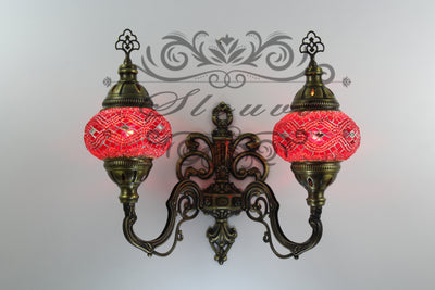 Turkish Mosaic Double Wall Sconce, With Medium Globes, Upward - TurkishLights.NET