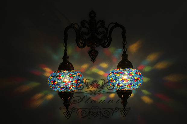 Turkish Mosaic Double Wall Sconce, With Large Globes - TurkishLights.NET