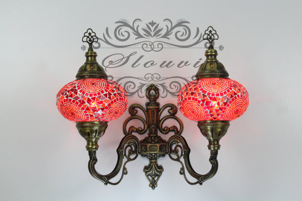 Turkish Mosaic Double Wall Sconce, With Large Globes, Upward - TurkishLights.NET