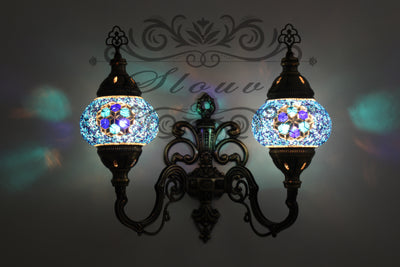 Turkish Mosaic Double Wall Sconce, With Medium Globes, Upward - TurkishLights.NET