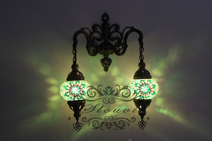 Turkish Mosaic Double Wall Sconce, With Medium Globes - TurkishLights.NET