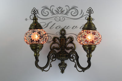 Turkish Mosaic Double Wall Sconce, With Medium Globes, Upward - TurkishLights.NET