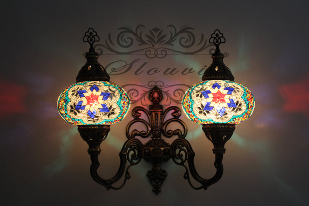 Turkish Mosaic Double Wall Sconce, With Large Globes, Upward - TurkishLights.NET