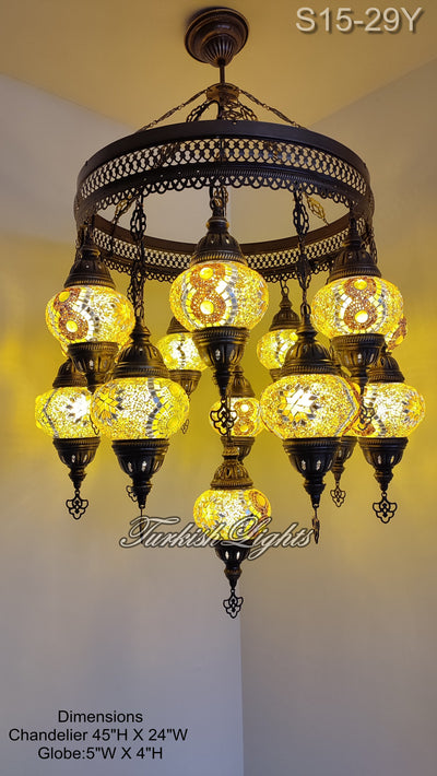 15-BALL TURKISH SULTAN MOSAIC CHANDELIER, MEDİUM GLOBES ID: S15-29Y