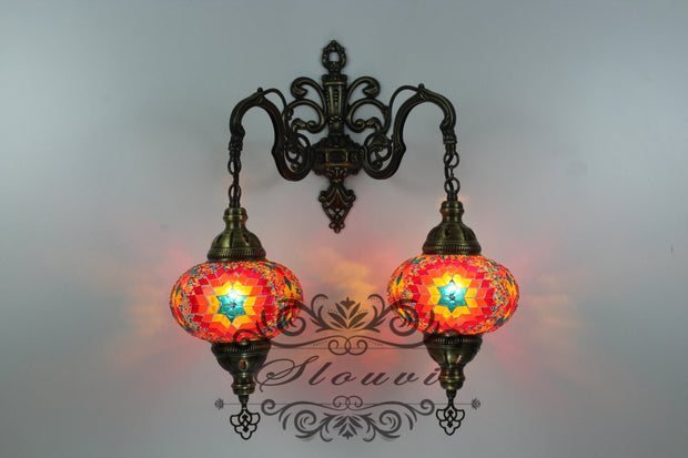 Turkish Mosaic Double Wall Sconce, With Large Globes - TurkishLights.NET