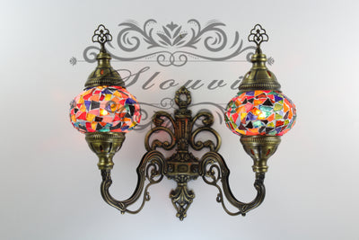 Turkish Mosaic Double Wall Sconce, With Medium Globes, Upward - TurkishLights.NET