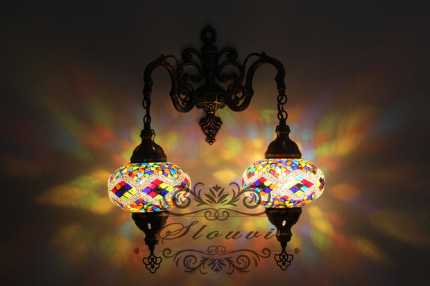 Turkish Mosaic Double Wall Sconce, With Large Globes - TurkishLights.NET