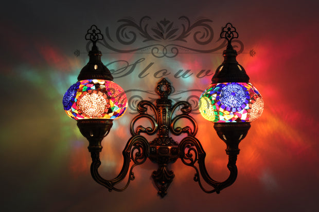 Turkish Mosaic Double Wall Sconce, With Medium Globes, Upward - TurkishLights.NET