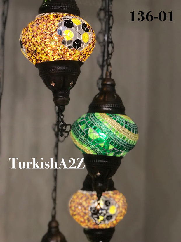 Turkish Mosaic Chandelier with 7 Medium - BALL(Swag Cable Option),ID: 136 - TurkishLights.NET