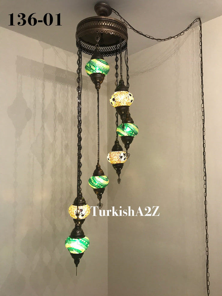 Turkish Mosaic Chandelier with 7 Medium - BALL(Swag Cable Option),ID: 136 - TurkishLights.NET