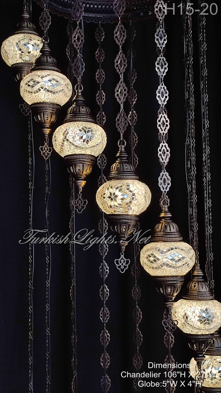 15-BALL TURKISH MOROCCAN SULTAN MOSAIC CHANDELIER, MEDUM GLOBES H15-20