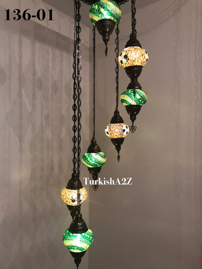 Turkish Mosaic Chandelier with 7 Medium - BALL(Swag Cable Option),ID: 136 - TurkishLights.NET