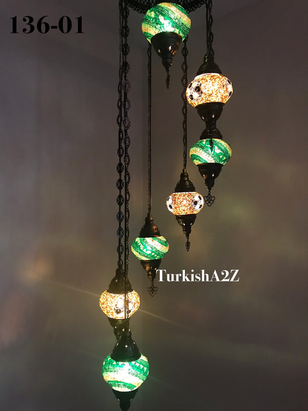 Turkish Mosaic Chandelier with 7 Medium - BALL(Swag Cable Option),ID: 136 - TurkishLights.NET