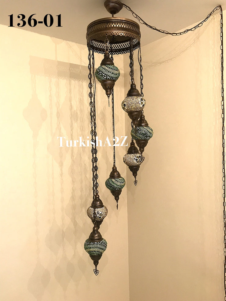 Turkish Mosaic Chandelier with 7 Medium - BALL(Swag Cable Option),ID: 136 - TurkishLights.NET