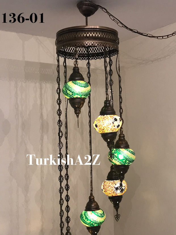 Turkish Mosaic Chandelier with 7 Medium - BALL(Swag Cable Option),ID: 136 - TurkishLights.NET