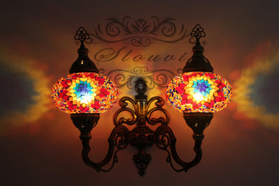 Turkish Mosaic Double Wall Sconce, With Large Globes, Upward - TurkishLights.NET