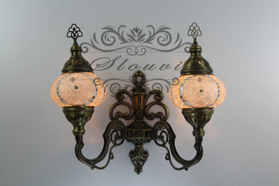 Turkish Mosaic Double Wall Sconce, With Medium Globes, Upward - TurkishLights.NET