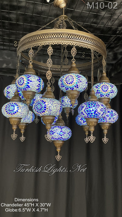 15-BALL TURKISH SULTAN MOSAIC CHANDELIER, LARGE GLOBES BLUE ID: M10-02