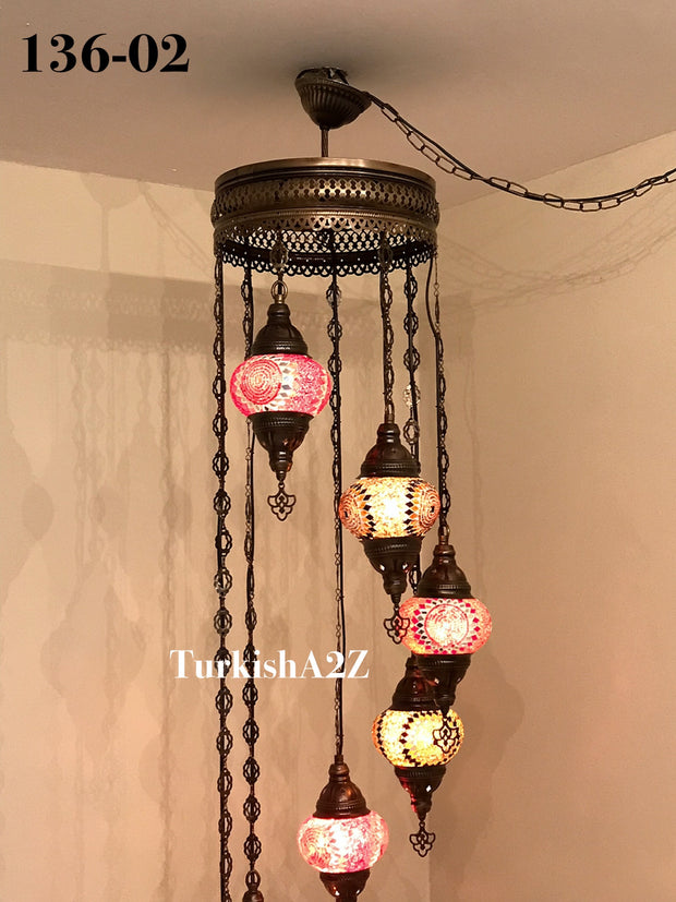 Turkish Mosaic Chandelier with 7 Medium - BALL(Swag Cable Option),ID: 136 - TurkishLights.NET