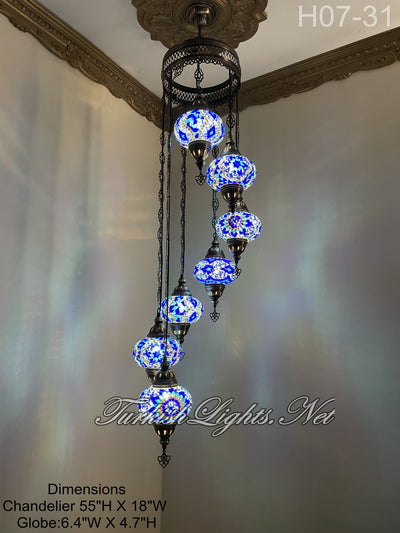 7 (L) BALL TUHRKISH WATER DROP MOSAIC CHANDELIER WİTH LARGE GLOBES H07-31