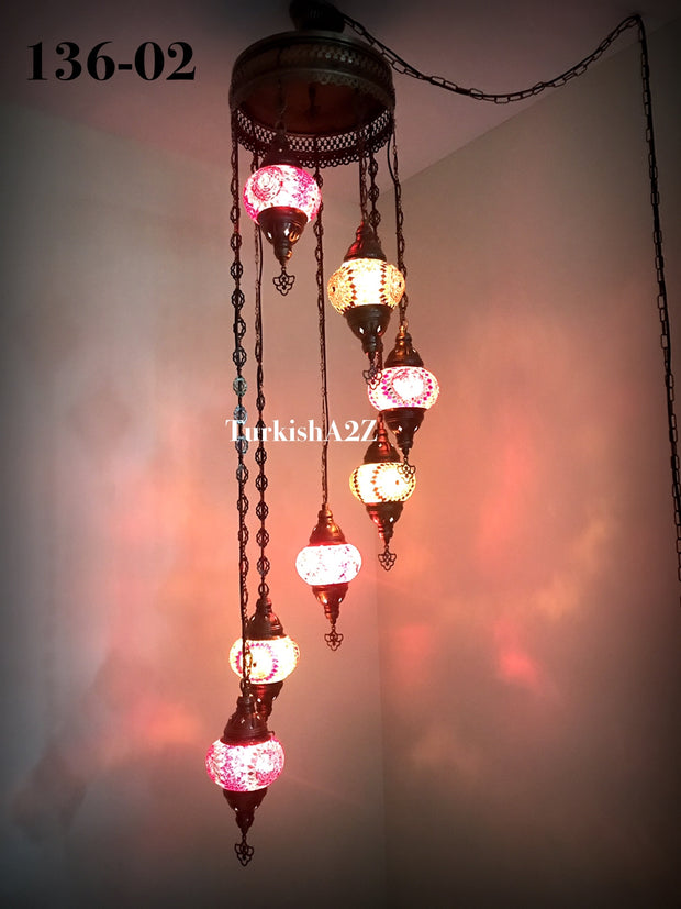 Turkish Mosaic Chandelier with 7 Medium - BALL(Swag Cable Option),ID: 136 - TurkishLights.NET