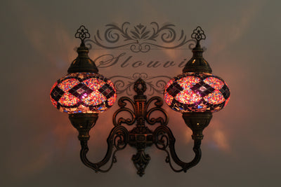 Turkish Mosaic Double Wall Sconce, With Large Globes, Upward - TurkishLights.NET