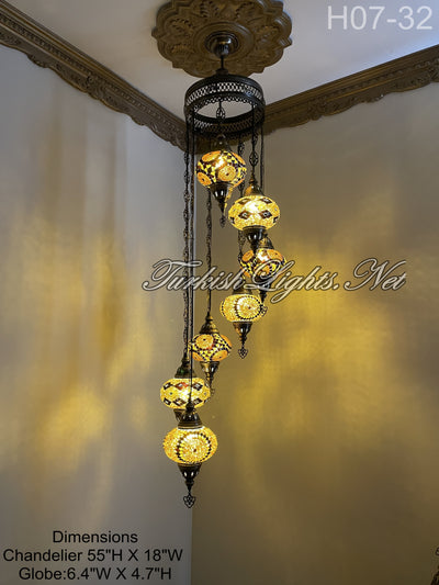 7 (L) BALL TUHRKISH WATER DROP MOSAIC CHANDELIER WİTH LARGE GLOBES H07-32