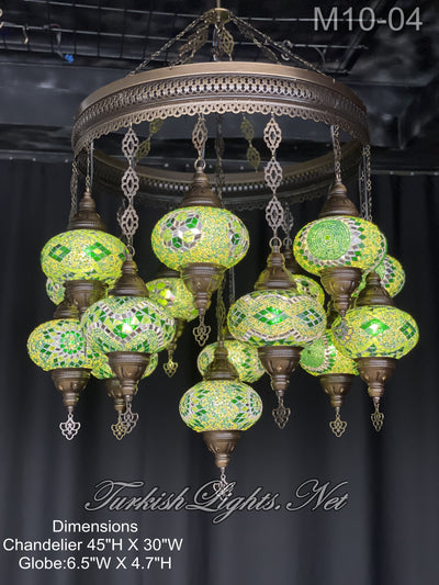 15-BALL TURKISH SULTAN MOSAIC CHANDELIER, LARGE GLOBES ID: M10-04