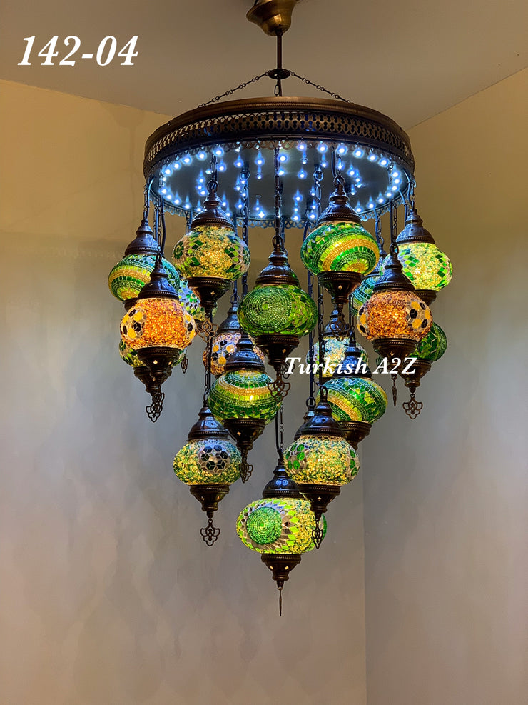 Turkish Mosaic Chandelier With 21 Medium Globes (with remote) ,ID: 142, FREE SHIPPING - TurkishLights.NET