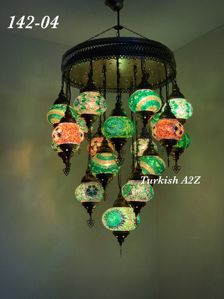 Turkish Mosaic Chandelier With 21 Medium Globes (with remote) ,ID: 142, FREE SHIPPING - TurkishLights.NET